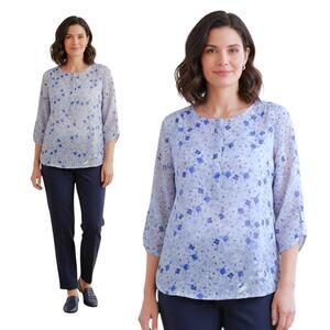 Talbots SZ L Purple Blue Floral Swiss Dot Feminine Popover Blouse Office Casual